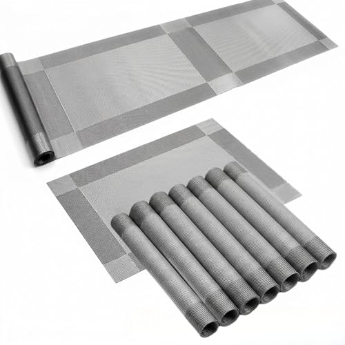 Ramkuwar Modern Dining Table Runner with Placemat Set Heat-Resistant Non-Slip Washable PVC Dining Mats for Kitchen, Parties, Dinners and Home Décor – Silver (Set of 8 Mats + 1 Runner) - Image 1