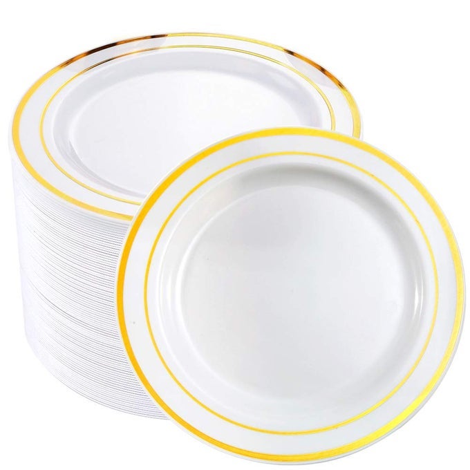 100PIECES GOLD PLASTIC PLATES75INCH WHITE AND GOLD DISPOSABLE SALADDESSERT PLATES IDEAL FOR WEDDINGS PARTY