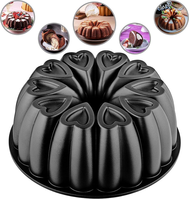 MIENCA Heart Shape Molded Cast Aluminum Cake Pan, Titanium Coating, Non-Stick, 12 Cups, Heavy Duty, 10 Inch Pound Pan intended for Bundt Cakes, Gifts for Mom, Fluted Tube Pan, Easy to Clean (Black) - Image 1