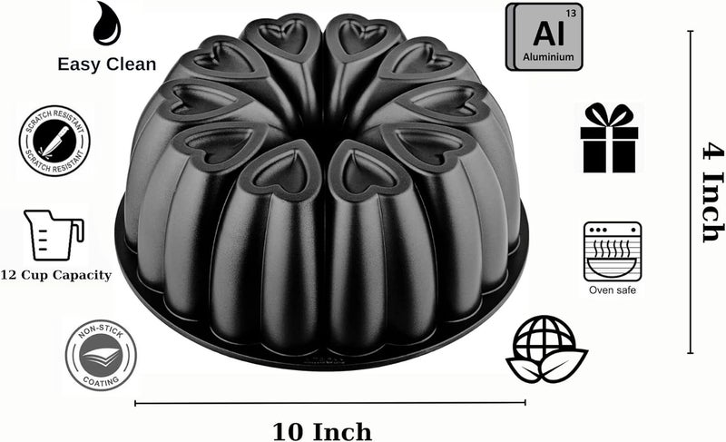 MIENCA Heart Shape Molded Cast Aluminum Cake Pan, Titanium Coating, Non-Stick, 12 Cups, Heavy Duty, 10 Inch Pound Pan intended for Bundt Cakes, Gifts for Mom, Fluted Tube Pan, Easy to Clean (Black) - Image 2