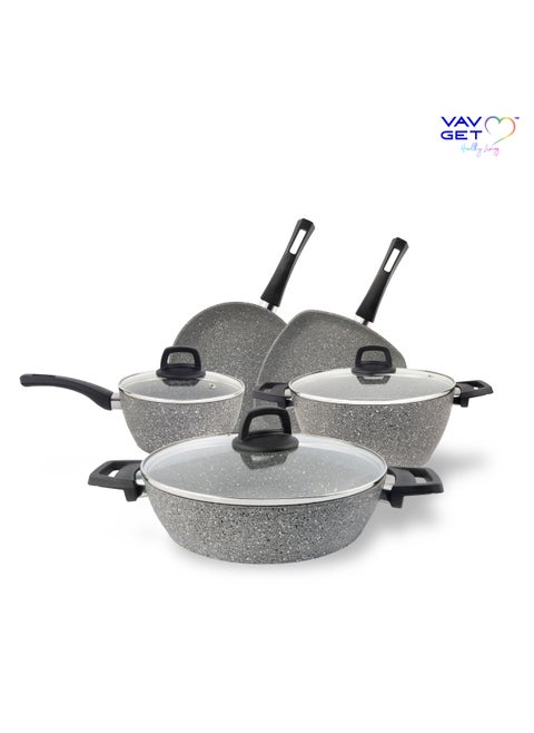 Premium Granite 8-PCS Cookware Set. Set includes: 18cm Sauce Pan, 26cm Deep and Shallow Casseroles, 26cm Fry and 28cm Grill Pans with Lids. Made in Turkey.