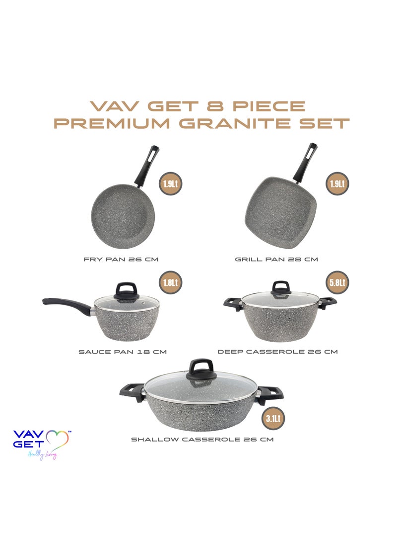VAV طقم أواني طهي جرانيت فاخر 8 قطع. تشتمل المجموعة على: مقلاة صلصة مقاس 18 سم، وطواجن عميقة وضحلة مقاس 26 سم، ومقلاة مقاس 26 سم، ومقالي شواء بأغطية مقاس 28 سم. صنع في تركيا.  - Image 2