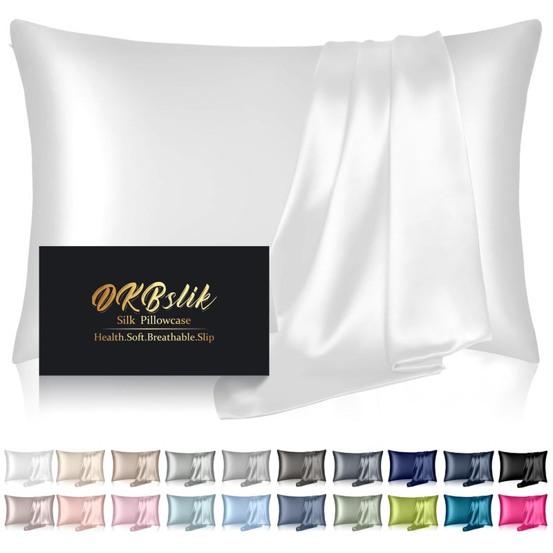 DKBslik Silk Pillowcase for Hair and Skin, Mulberry Silk Pillow Cases Standard Size, Anti Acne Cooling Sleep Both Sides Natural Silk Satin Pillow Case Covers with Hidden Zipper, Gifts for Women Men, White - Image 1