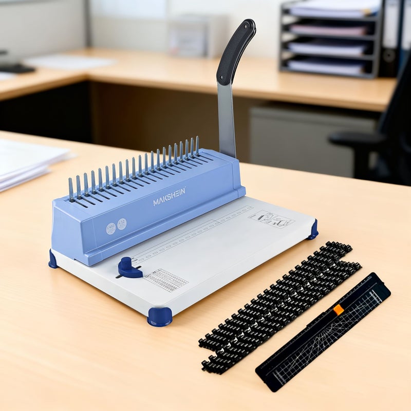 Light Blue 21 Hole Binding Machine 200 Pages Capacity With 100 Rubber Rings And Loose Leaf Binder Films For A4 A5 Document Binding - Image 2