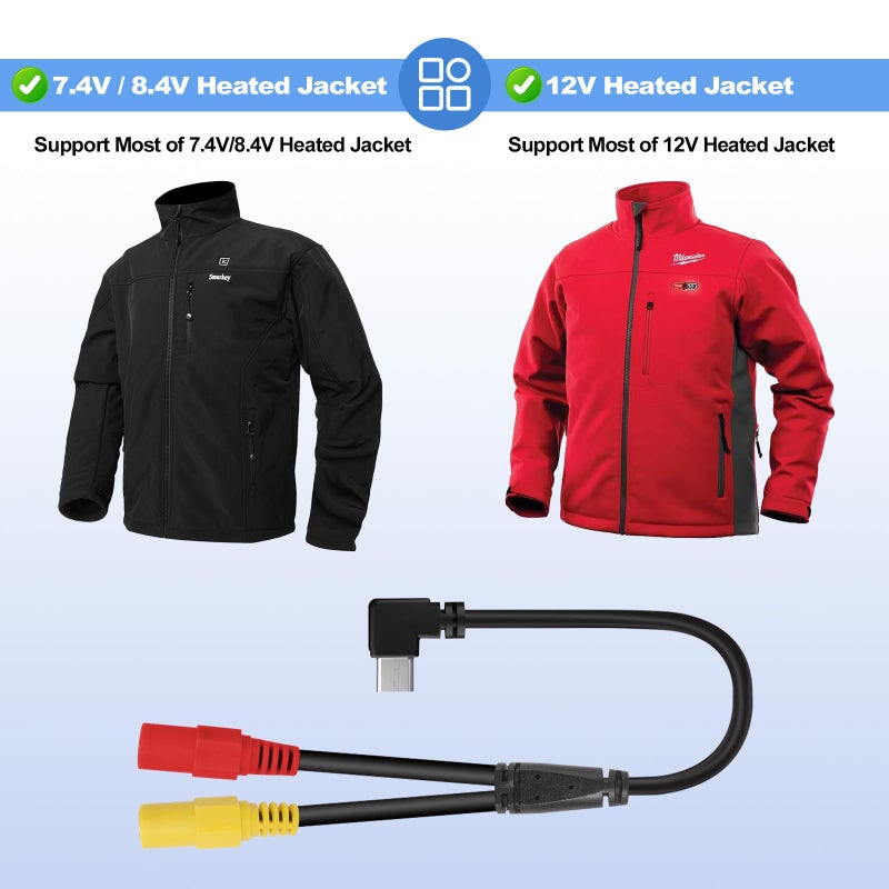 Smarkey Heated Jacket Battery Step-Up Adapter Charger Cable for Milwaukee, M12, Makita, Snap-on, Metabo, Craftsman, AEG, Ororo Gear (All-in-One Double DC for Most of 7.4v 8.4v 12v Heated Jackets) - Image 4