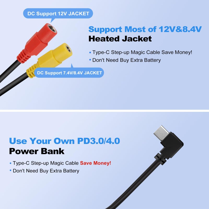 Smarkey Heated Jacket Battery Step-Up Adapter Charger Cable for Milwaukee, M12, Makita, Snap-on, Metabo, Craftsman, AEG, Ororo Gear (All-in-One Double DC for Most of 7.4v 8.4v 12v Heated Jackets) - Image 3