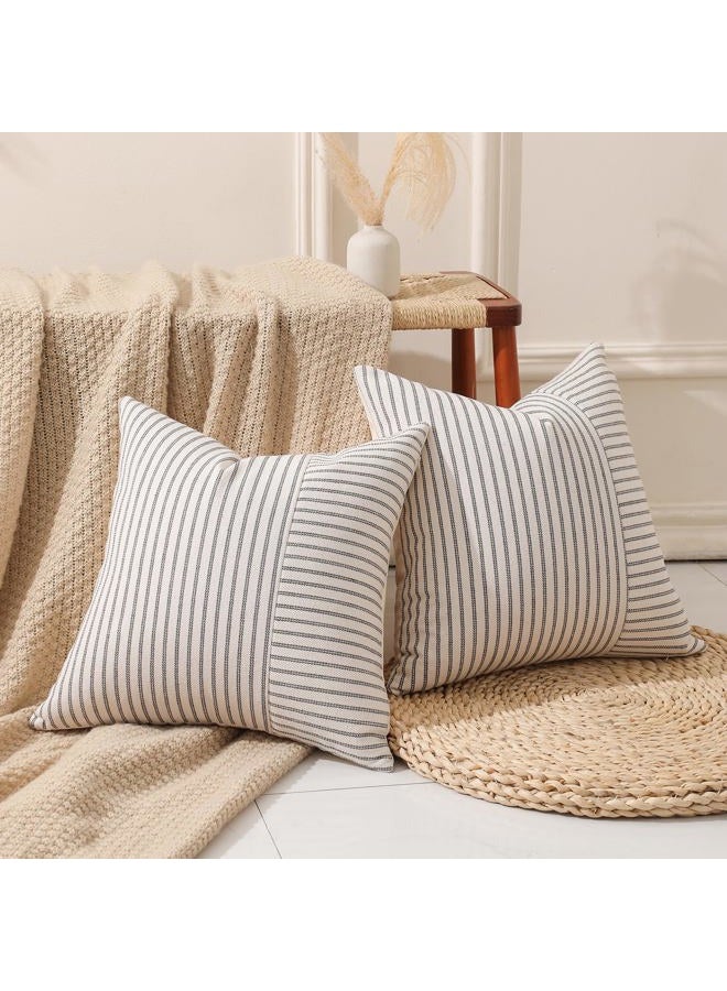 Hckot Grey and Beige Patchwork Farmhouse Throw Pillow Covers 24 x 24 Inch, Pack of 2 Striped Linen Decorative Pillow Case for Sofa Couch Chair Bedroom Modern Decor (24" x 24", Grey) - Image 2