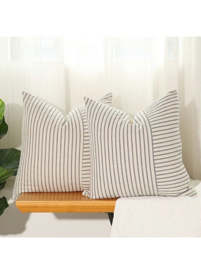 Hckot Grey and Beige Patchwork Farmhouse Throw Pillow Covers 24 x 24 Inch, Pack of 2 Striped Linen Decorative Pillow Case for Sofa Couch Chair Bedroom Modern Decor (24" x 24", Grey) - Image 1