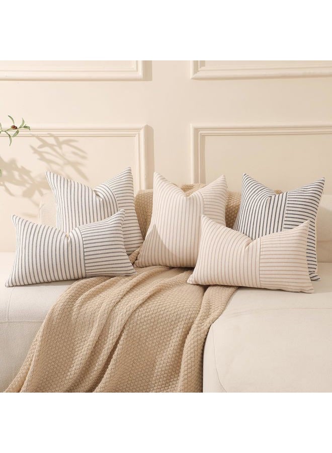 Hckot Grey and Beige Patchwork Farmhouse Throw Pillow Covers 24 x 24 Inch, Pack of 2 Striped Linen Decorative Pillow Case for Sofa Couch Chair Bedroom Modern Decor (24" x 24", Grey) - Image 5