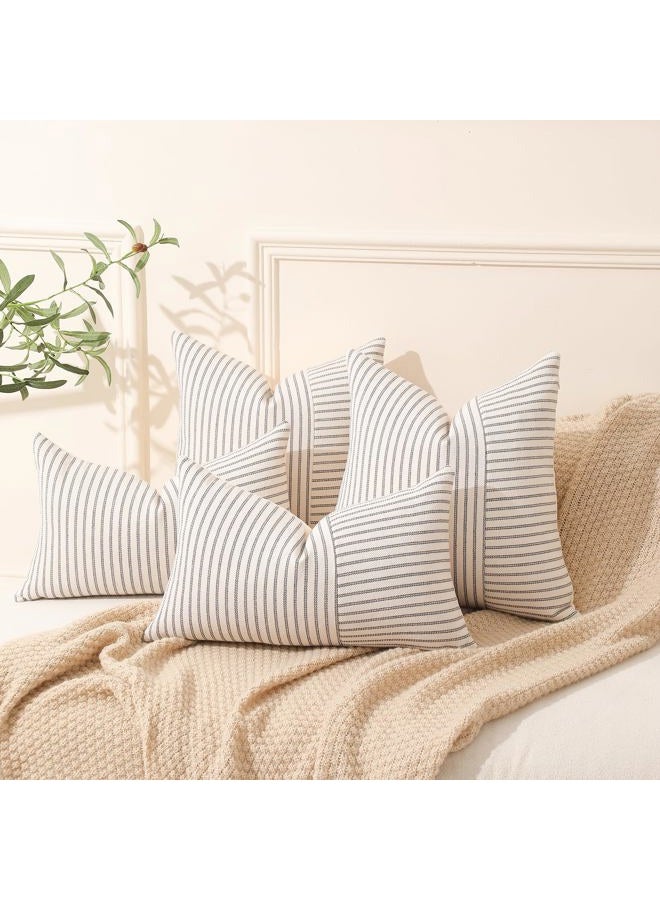 Hckot Grey and Beige Patchwork Farmhouse Throw Pillow Covers 24 x 24 Inch, Pack of 2 Striped Linen Decorative Pillow Case for Sofa Couch Chair Bedroom Modern Decor (24" x 24", Grey) - Image 3