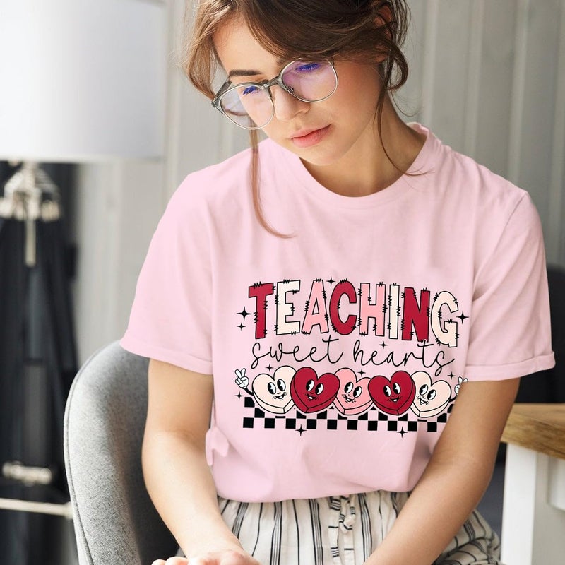 BEIDEFY Teacher Valentines Shirt for Womens Teaching Sweethearts T-Shirt Short Sleeve Candy Heart Tee Tops Light Pink - Image 4