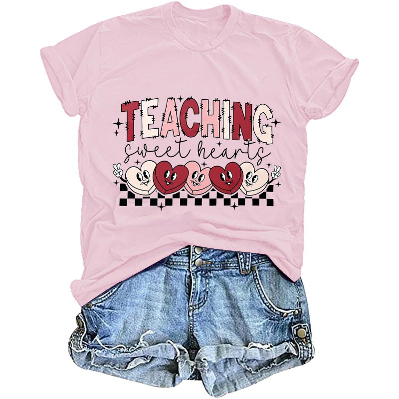 BEIDEFY Teacher Valentines Shirt for Womens Teaching Sweethearts T-Shirt Short Sleeve Candy Heart Tee Tops Light Pink - Image 1