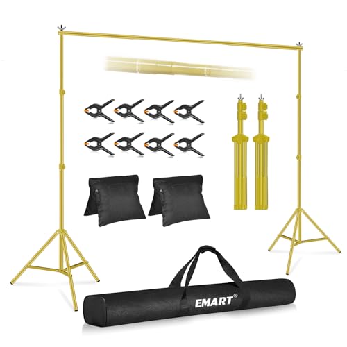 EMART Backdrop Stand 10x7ftWxH Photo Studio Adjustable Background Stand Support kit with 2 Crossbars 8 Clamps 2 Sandbags and Carry Bag for Parties Events Decoration Wedding Titanium Gold - Image 1
