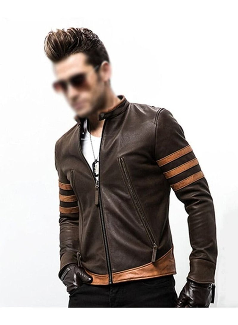 SYOSI PU Leather Locomotive Coat for Men, Zipper Jacket Motorcycle Jacket Zippered Coats Stylish Jackets Slim Coats Casual Jacket(Color : Dark Brown, Size : X-Large)  - Image 3