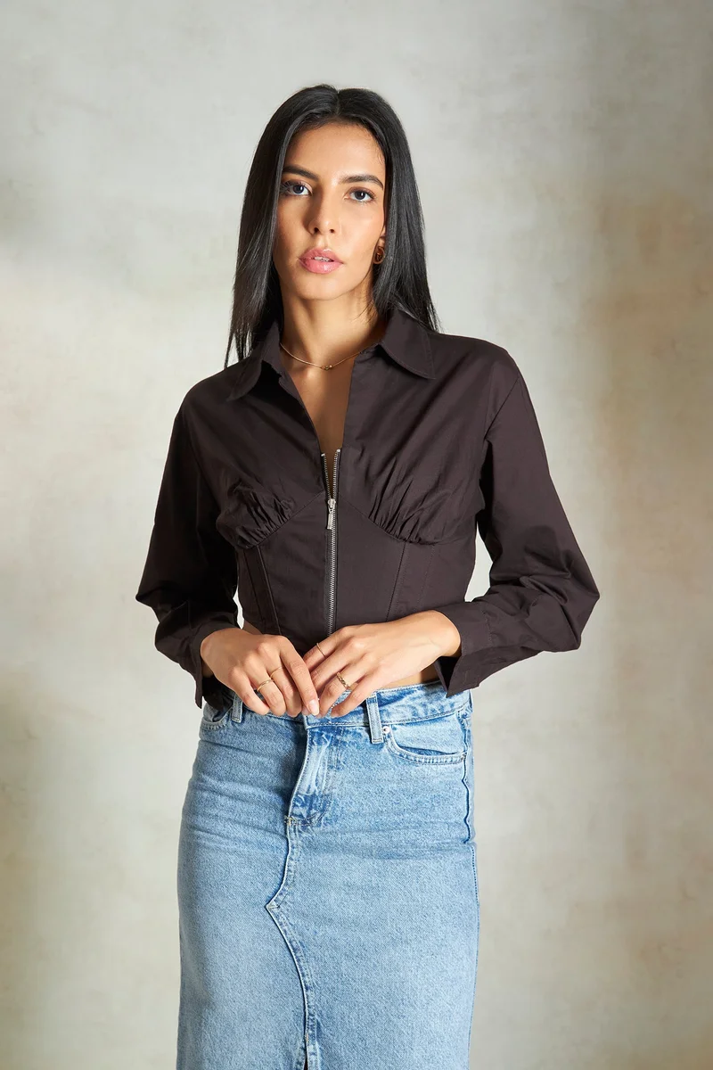 Virgio Cotton Corsets Dinnerwear Zipper Crop Shirts for Women