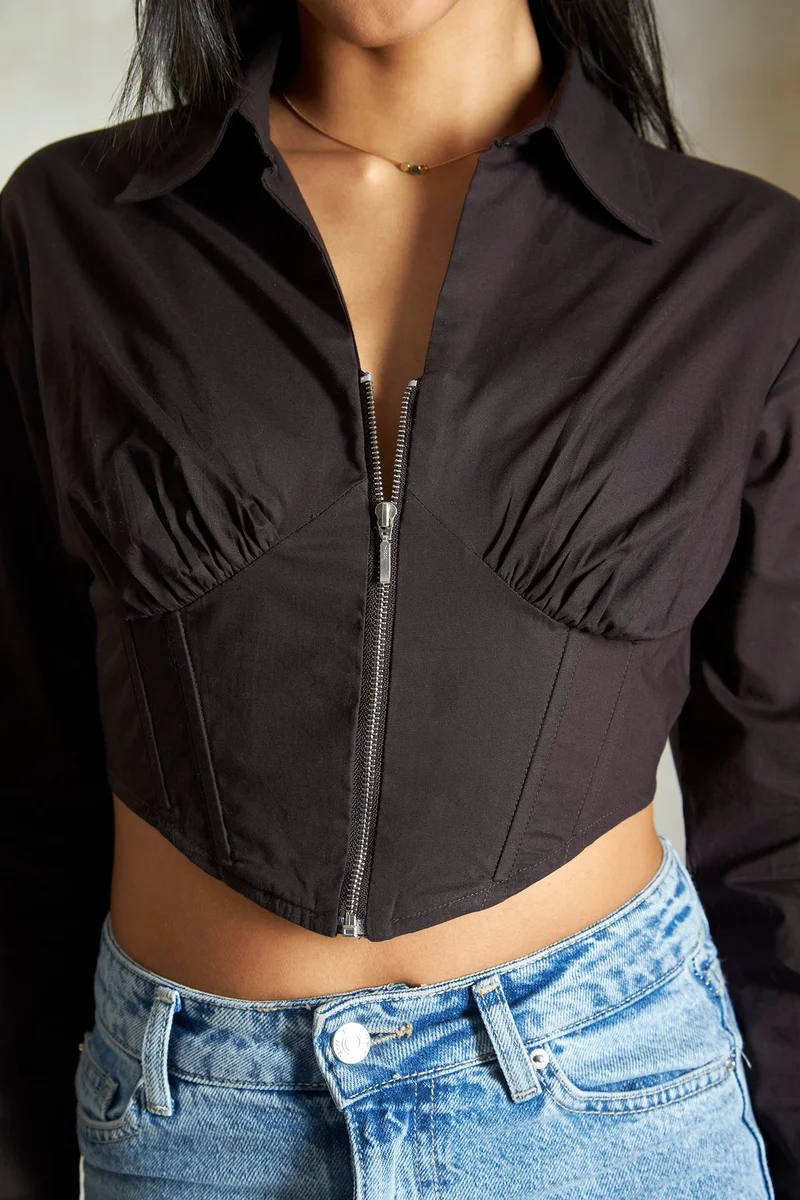 Virgio Cotton Corsets Dinnerwear Zipper Crop Shirts for Women