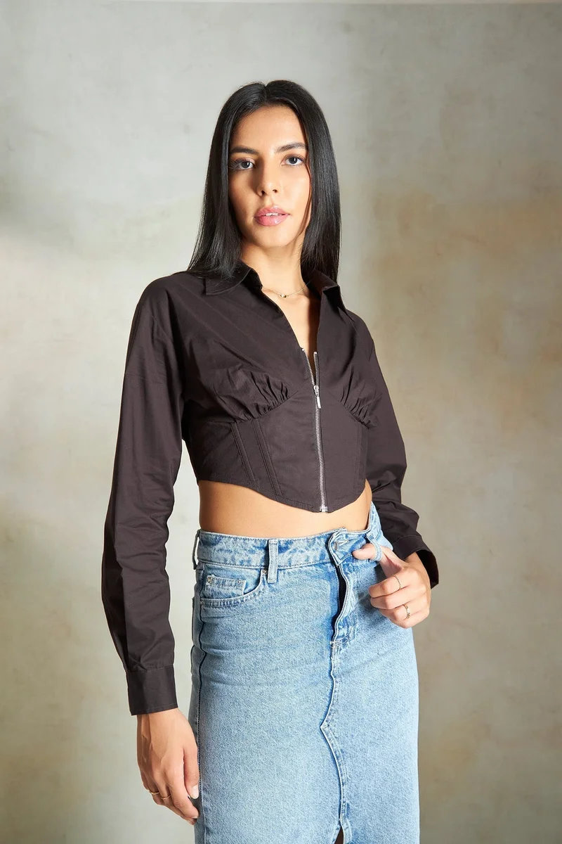 Virgio Cotton Corsets Dinnerwear Zipper Crop Shirts for Women