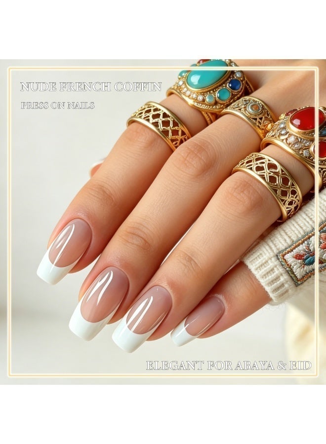 THEMIDI. French Tip Press On Nails Short Square Shape Nude Pink with White Tips Glossy Artificial Nails Set Full Cover Fake Nails Reusable Stick On Nails Soft Gel Acrylic Nail Kit Elegant Minimalist Nails For Women Daily Wear Office Wedding Eid Party Salon Style Long Lasting Damage Free Nails - Image 4