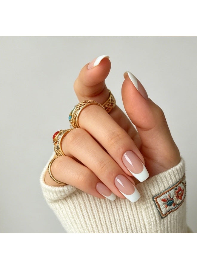 THEMIDI. French Tip Press On Nails Short Square Shape Nude Pink with White Tips Glossy Artificial Nails Set Full Cover Fake Nails Reusable Stick On Nails Soft Gel Acrylic Nail Kit Elegant Minimalist Nails For Women Daily Wear Office Wedding Eid Party Salon Style Long Lasting Damage Free Nails - Image 1