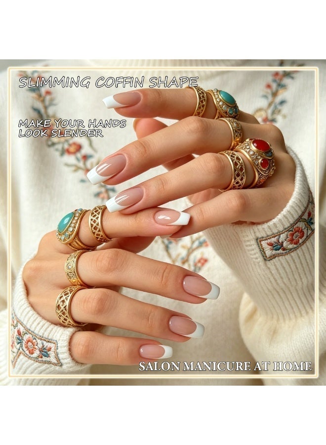 THEMIDI. French Tip Press On Nails Short Square Shape Nude Pink with White Tips Glossy Artificial Nails Set Full Cover Fake Nails Reusable Stick On Nails Soft Gel Acrylic Nail Kit Elegant Minimalist Nails For Women Daily Wear Office Wedding Eid Party Salon Style Long Lasting Damage Free Nails - Image 5