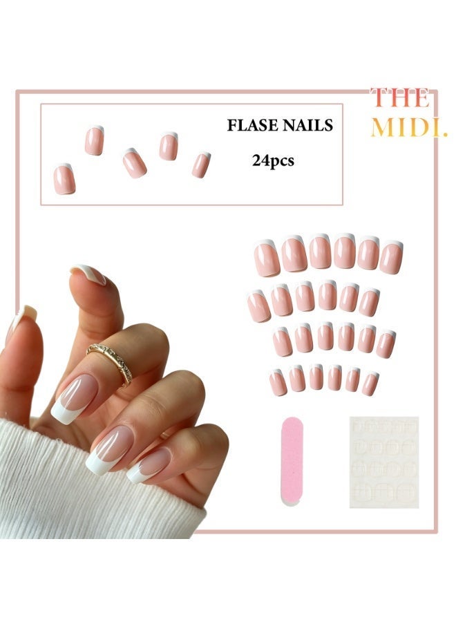 THEMIDI. French Tip Press On Nails Short Square Shape Nude Pink with White Tips Glossy Artificial Nails Set Full Cover Fake Nails Reusable Stick On Nails Soft Gel Acrylic Nail Kit Elegant Minimalist Nails For Women Daily Wear Office Wedding Eid Party Salon Style Long Lasting Damage Free Nails - Image 2