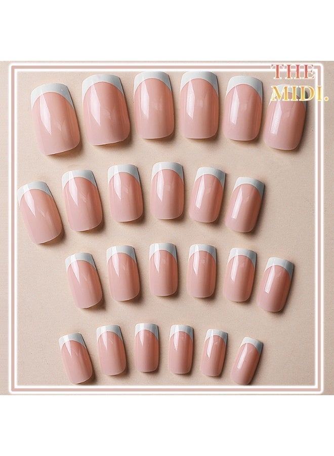 THEMIDI. French Tip Press On Nails Short Square Shape Nude Pink with White Tips Glossy Artificial Nails Set Full Cover Fake Nails Reusable Stick On Nails Soft Gel Acrylic Nail Kit Elegant Minimalist Nails For Women Daily Wear Office Wedding Eid Party Salon Style Long Lasting Damage Free Nails - Image 3