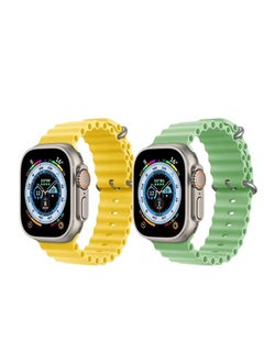 Silicone Ocean Band Strap for Apple Watch Ultra 8 49mm Yellow Single Color Strap with Mint Green Single Color Strap Set of 2