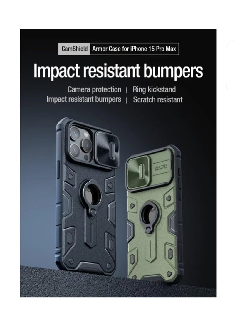 Nillkin iPhone 15 Pro Max CamShield Armor Case with Slide Camera Cover  Impact-Resistant Bumpers Protective Case with Ring Kickstand for iPhone 15 Pro Max (Green) - Image 5