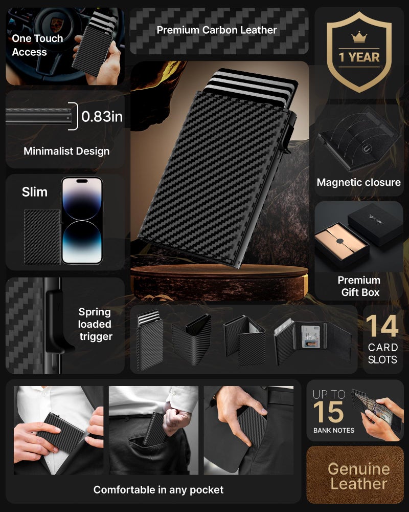 typecase Mens Wallet Card Holder: Pop Up Aluminum Case, Genuine Leather, Smart, RFID Blocking, Slim, Minimalist, Front Pocket - 9-14 Card Capacity | ID Window | Cash Slot (Carbon Fiber) - Image 2