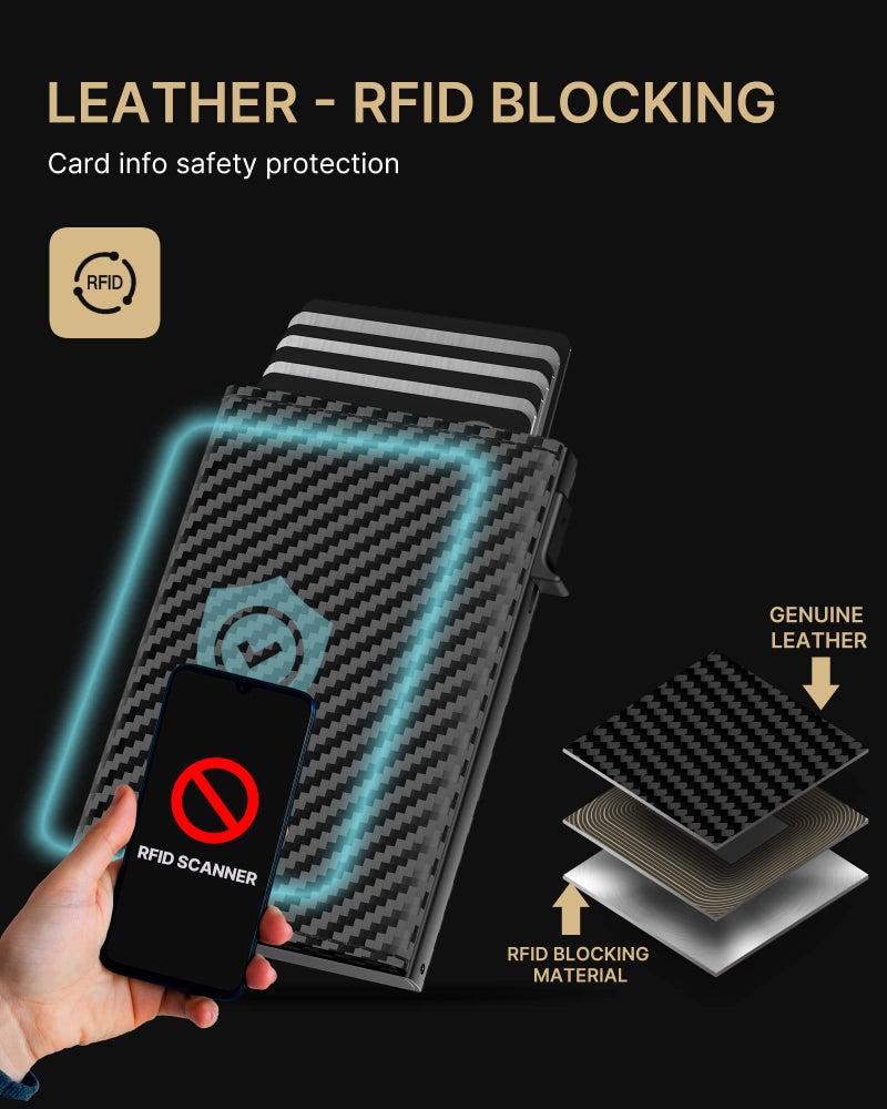 typecase Mens Wallet Card Holder: Pop Up Aluminum Case, Genuine Leather, Smart, RFID Blocking, Slim, Minimalist, Front Pocket - 9-14 Card Capacity | ID Window | Cash Slot (Carbon Fiber) - Image 5