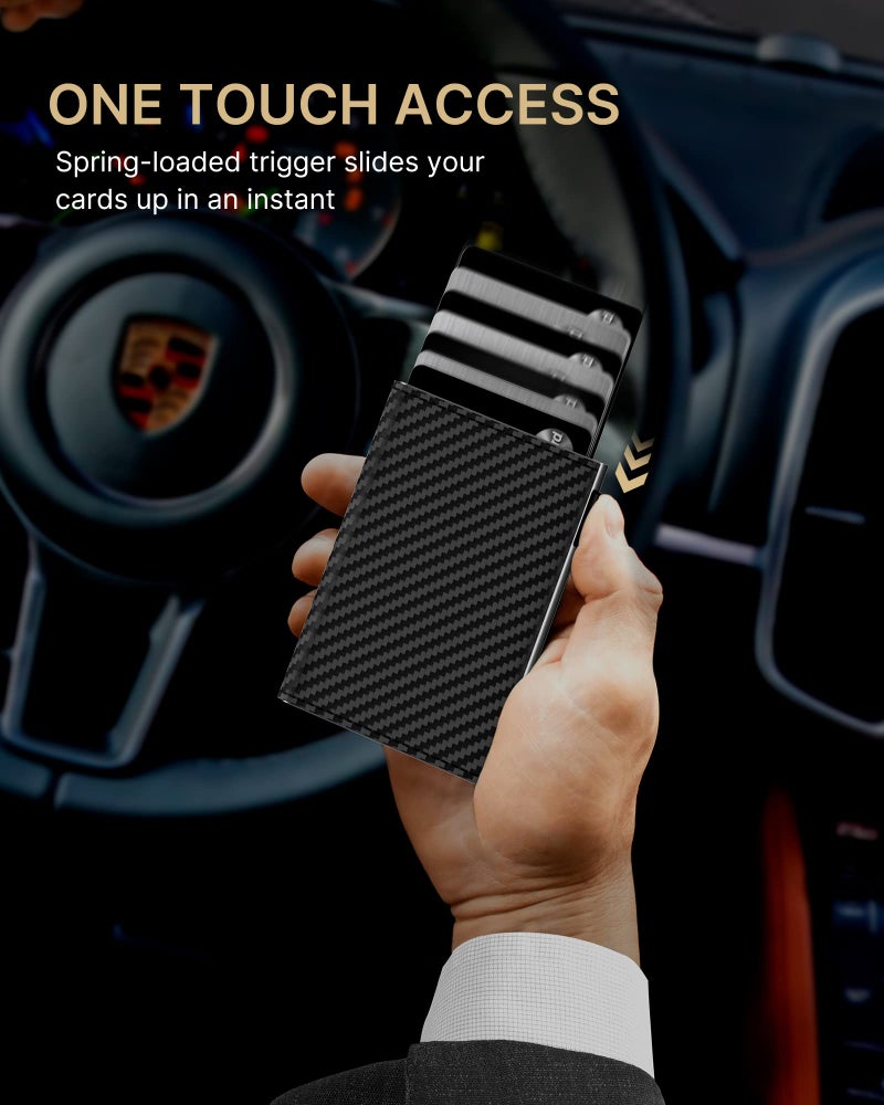 typecase Mens Wallet Card Holder: Pop Up Aluminum Case, Genuine Leather, Smart, RFID Blocking, Slim, Minimalist, Front Pocket - 9-14 Card Capacity | ID Window | Cash Slot (Carbon Fiber) - Image 4