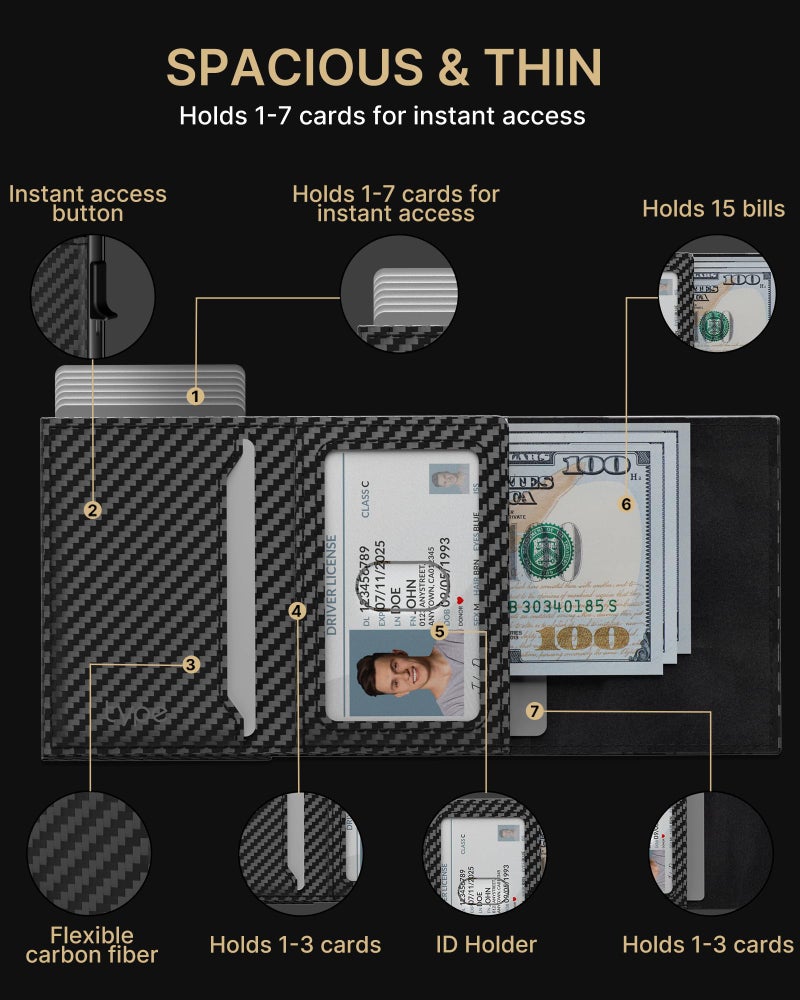 typecase Mens Wallet Card Holder: Pop Up Aluminum Case, Genuine Leather, Smart, RFID Blocking, Slim, Minimalist, Front Pocket - 9-14 Card Capacity | ID Window | Cash Slot (Carbon Fiber) - Image 3