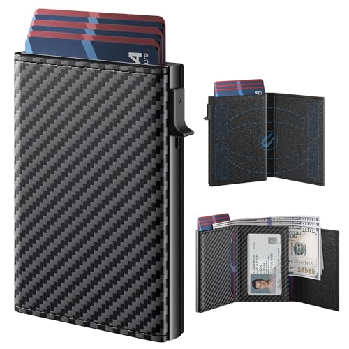 typecase Mens Wallet Card Holder: Pop Up Aluminum Case, Genuine Leather, Smart, RFID Blocking, Slim, Minimalist, Front Pocket - 9-14 Card Capacity | ID Window | Cash Slot (Carbon Fiber) - Image 1
