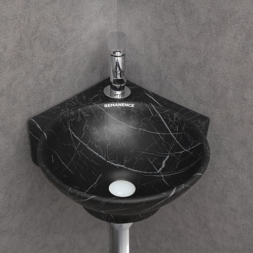 REMANENCE Wall Mounted Wash Basin for Bathroom | Ceramic Wash Basin Wall Hung Small Corner Wash Basin/Sink (16.3 x 13.8 x 4.3 Inch) (Black White Stripe) - Image 3