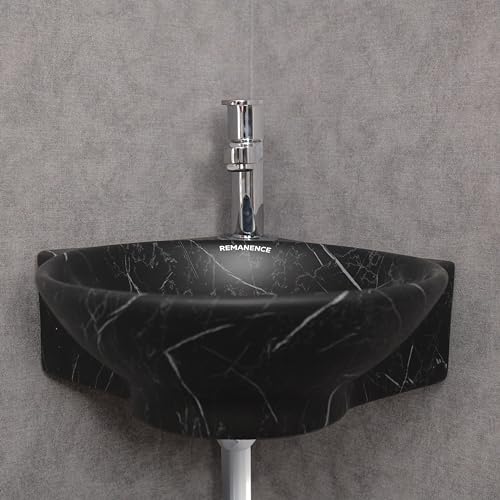REMANENCE Wall Mounted Wash Basin for Bathroom | Ceramic Wash Basin Wall Hung Small Corner Wash Basin/Sink (16.3 x 13.8 x 4.3 Inch) (Black White Stripe) - Image 2