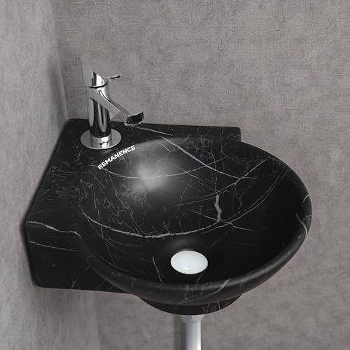 REMANENCE Wall Mounted Wash Basin for Bathroom | Ceramic Wash Basin Wall Hung Small Corner Wash Basin/Sink (16.3 x 13.8 x 4.3 Inch) (Black White Stripe) - Image 1