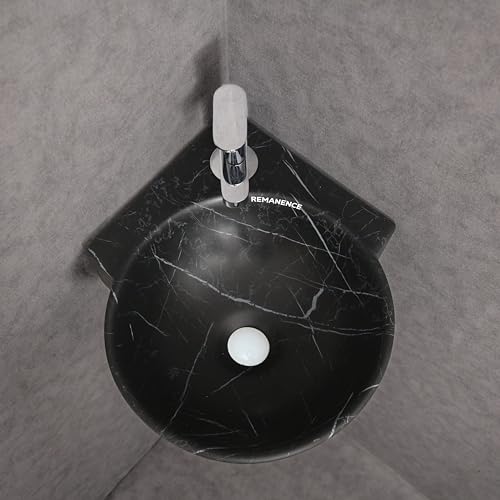REMANENCE Wall Mounted Wash Basin for Bathroom | Ceramic Wash Basin Wall Hung Small Corner Wash Basin/Sink (16.3 x 13.8 x 4.3 Inch) (Black White Stripe) - Image 4