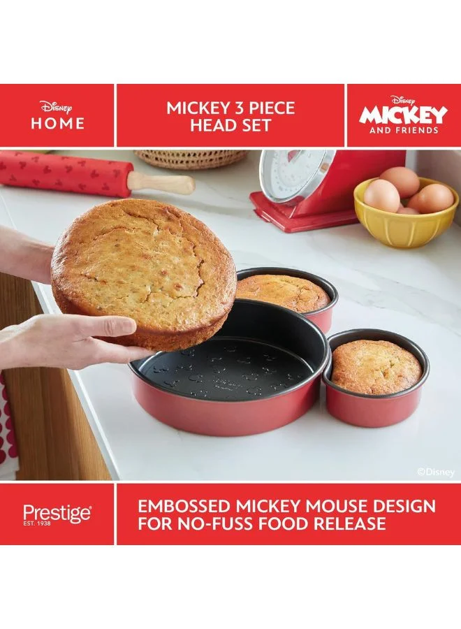 Prestige Prestige New Disney Bake with Mickey Mouse 3 Piece Mickey Head Cake Tins for Baking - Non Stick Cake Tin, Carbon Steel Bakeware, Red & Black