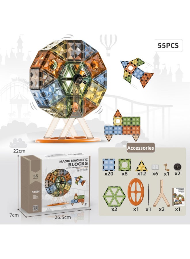 Magnetic Building Blocks Colorful Window Magnetic Piece Puzzle 4d Diamond Surface Assembling Building Blocks Early Education Boys And Girls Baby Magnet-Color:Diamond Surface Magnetic Sheet Building Blocks 55PCS-18 Box Starting Batch-Specifications:Free Size  - Image 1