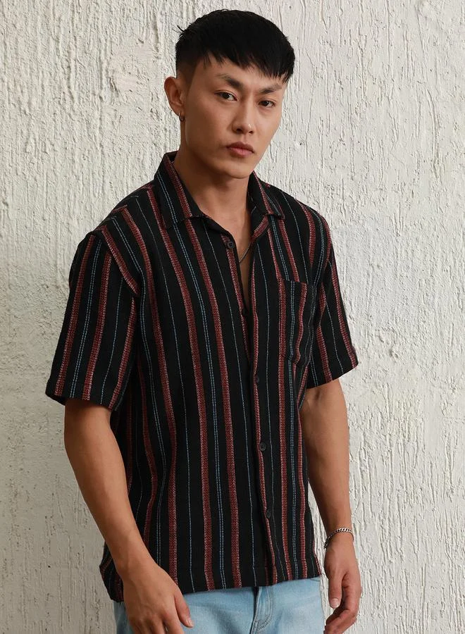 Hubberholme Relaxed Fit Striped Resort Collar Casual Shirt by Styli