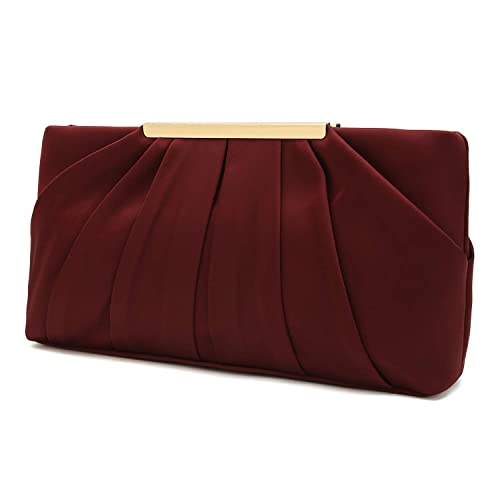 CHARMING TAILOR Clutch Evening Bag Elegant Pleated Satin Formal Handbag Simple Classy Purse for Women (Burgundy) - Image 1