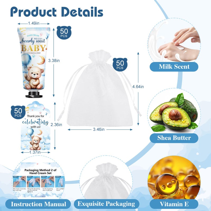 KONEUK 50 Pack Baby Shower Bulk Hand Cream Gifts Sets, Bridal Shower Favors and Baby Shower Favors for Guests with Thank You Card and Organza Gift Bags, Appreciation Gifts and Wedding Shower Favors (Bear) - Image 3