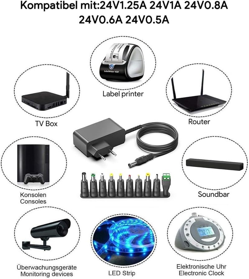 اتش كي واي محول العالمي 24V 1.25A 1A 0.8A 0.5A 24V 30W 24DC شاحن محول 1.2A 850mA 800mA 600mA 500mA كابل شحن مزود طاقة مع 7 مقابس تحويل - Image 2