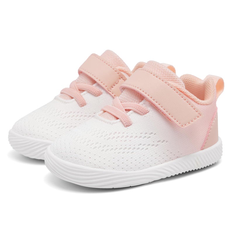 MORENDL Toddler Sneakers Baby Boys & Girls Barefoot Shoes Lightweight Breathable Walking Running Tennis Athletic Sport Shoes White Pink Size 7 - Image 1