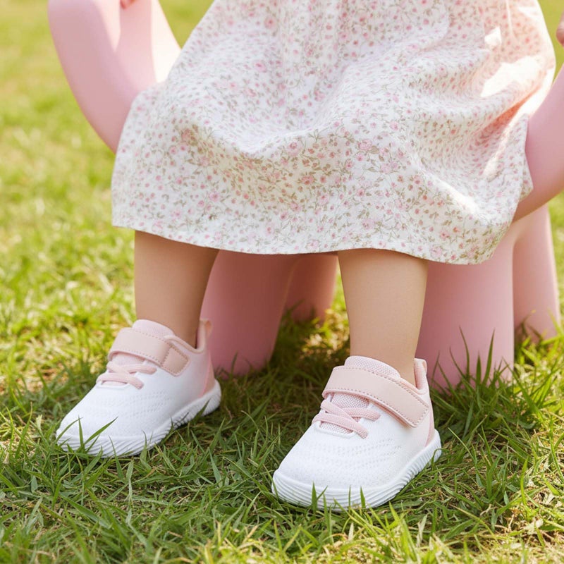 MORENDL Toddler Sneakers Baby Boys & Girls Barefoot Shoes Lightweight Breathable Walking Running Tennis Athletic Sport Shoes White Pink Size 7 - Image 2