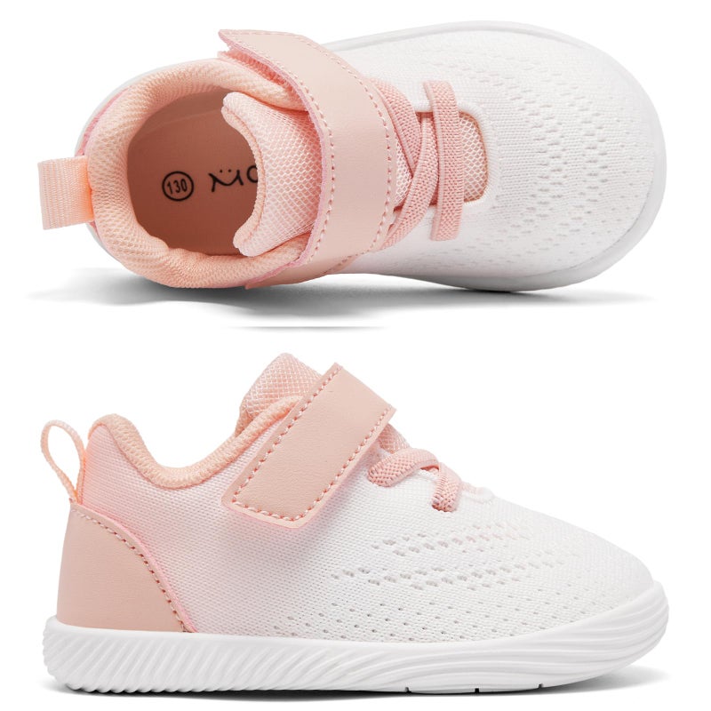 MORENDL Toddler Sneakers Baby Boys & Girls Barefoot Shoes Lightweight Breathable Walking Running Tennis Athletic Sport Shoes White Pink Size 7 - Image 3