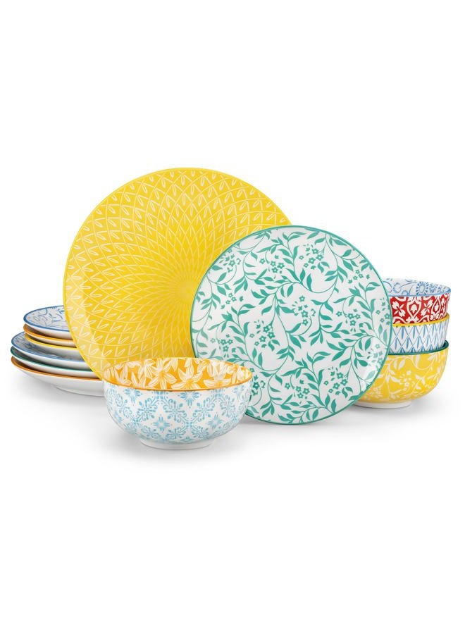 vancasso Selene Dinner Set for 4, 12 Pieces Porcelain Colorful Plates and Bowls Set Kitchen Dinnerware Sets Crockery Set, Mircowave and Dishwasher Safe Dishes Set - Image 1