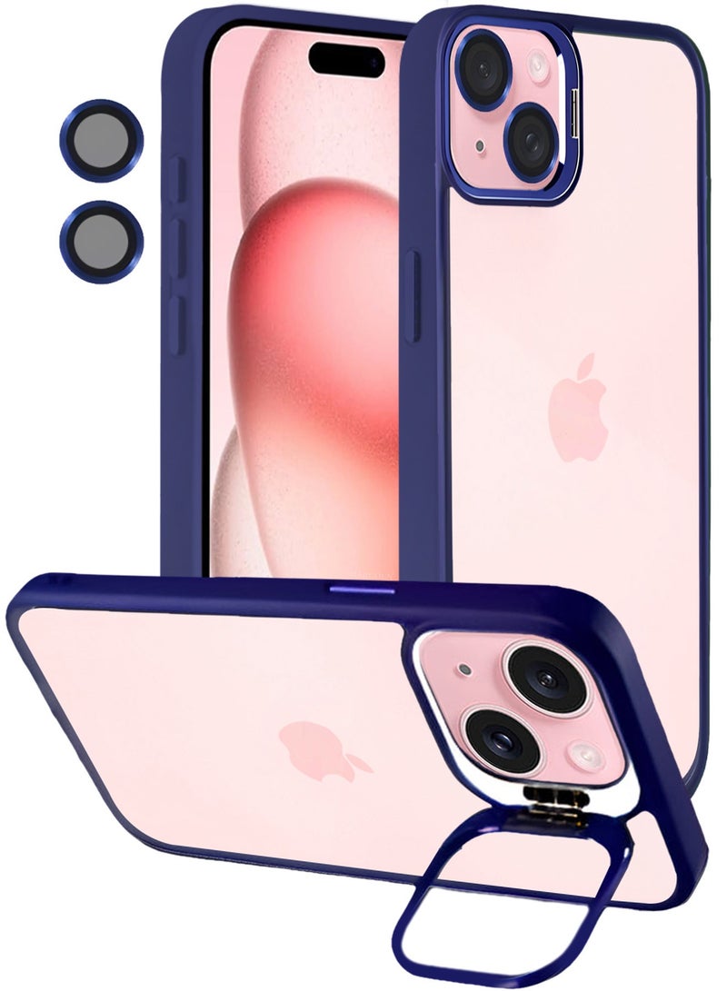 CATANES Transparent Case Cover with Flip Bracket Stand for iPhone 15 Plus – Shockproof Clear Back Cover with Lens Protection - Blue - Image 1