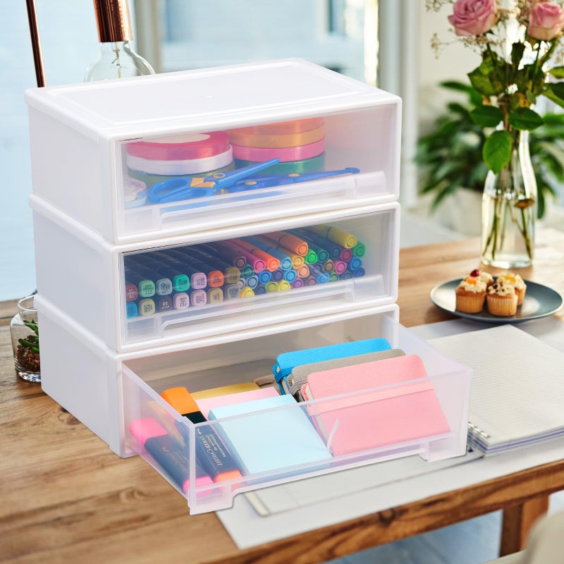 Flytreal 3 Stackable Plastic Storage Drawers, Small Drawer Organizer Container Bins for Home Office Vanity Desk Accessories, Stationery, Pens, Markers, Art Craft Supplies, Makeup, Jewelry (White) - Image 5