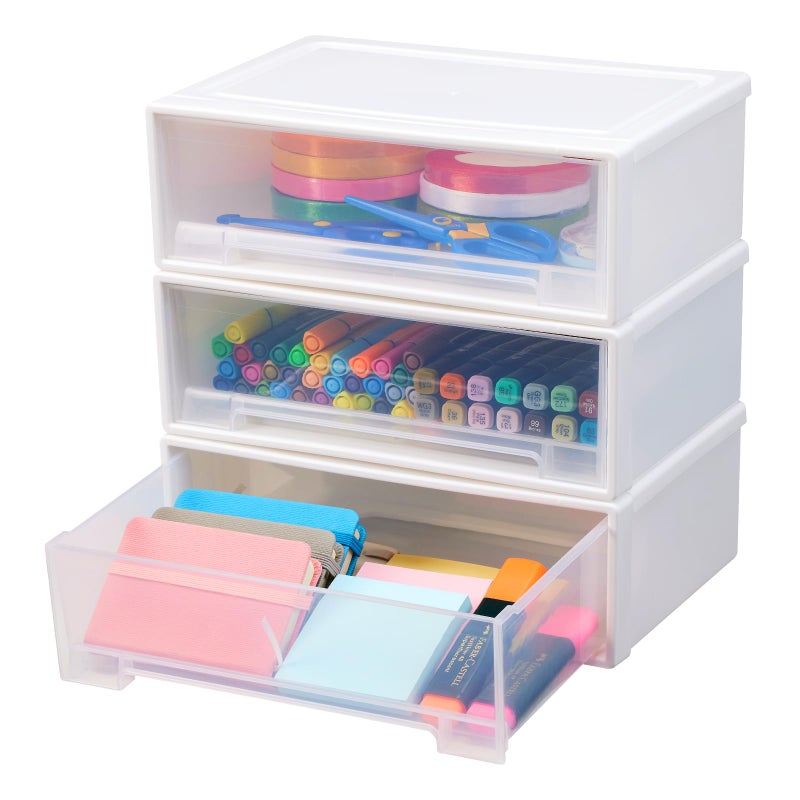 Flytreal 3 Stackable Plastic Storage Drawers, Small Drawer Organizer Container Bins for Home Office Vanity Desk Accessories, Stationery, Pens, Markers, Art Craft Supplies, Makeup, Jewelry (White) - Image 1